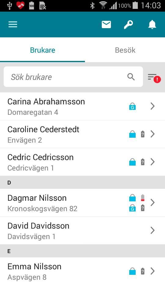 4.1 Brukare Fliken Brukare (1) visar en lista, sorterad i bokstavsordning, med namn och gatuadress på alla brukare i den aktuella gruppen. 1 4 4.1.1 Lås och batterivarningar När modulen TES App Lås är aktiverad visas här de eventuella låstyper (2) som finns hos brukarna samt, i förekommande fall, batterivarningar (3) för låsen.