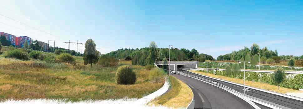 TRAFIKPLATSER Illustration över trafikplats Akalla sett från cirkulationplatsen. Gröna trågväggar och trädgrupper utmed och i tråget hjälper till att integrera trafikplatsen i landskapet.