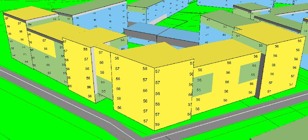 För högsta ljudnivå vid något våningsplan för samtliga fasader. Figur 12. 3D-vy för kv. 11 sett från öst. Ekvivalent ljudnivå vid fasad. 6.1.9 Kvarter 1:12 De ekvivalenta ljudnivåerna vid fasad mot syd och öst utsätts för ljudnivåer upp mot dba.