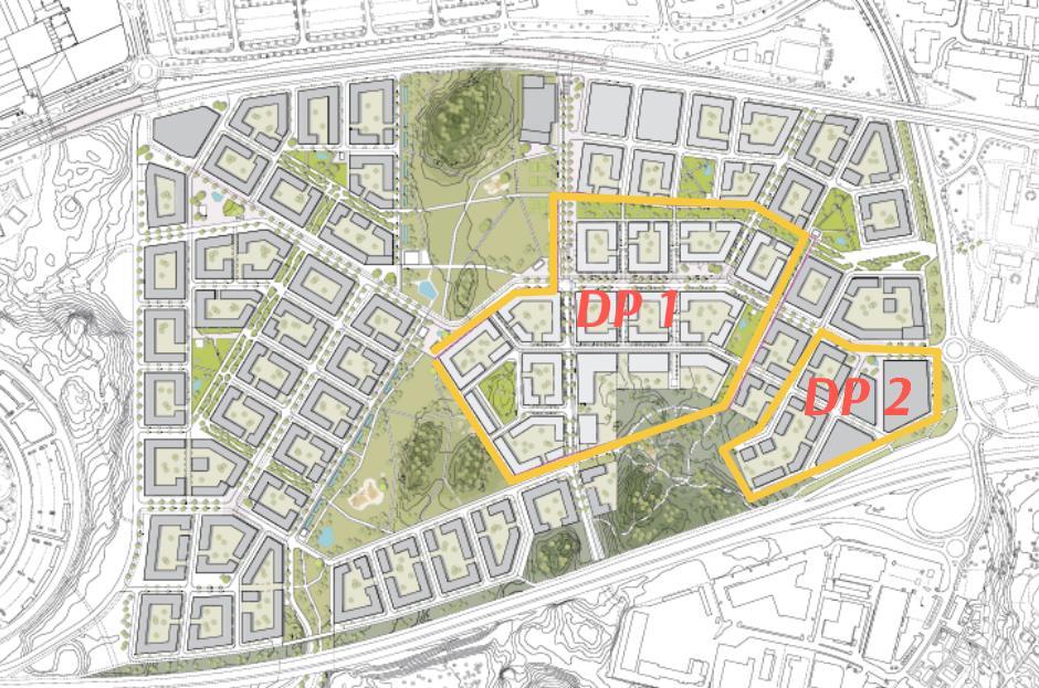 Figur 1. Översiktsbild över centrala Täby. Täby Park området markeras med streckad linje. Bild: Eniro.se. Området har tidigare använts för galoppbana, träning av hästar och rekreation.