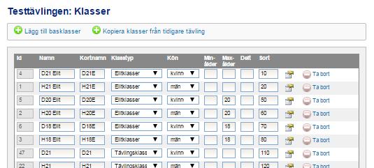 På denna sida kan uppgifter för klasserna administreras. För att lägga till en basklass, klicka på Lägg till basklasser (du kommer då tillbaka till dialogen för att lägga till basklasser).