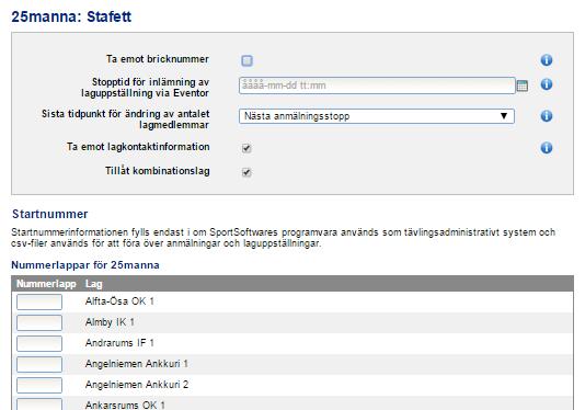 Stafett För stafetter finns särskilda inställningar. På tävlingens administrationssida, klicka på Stafett överst i menyn.