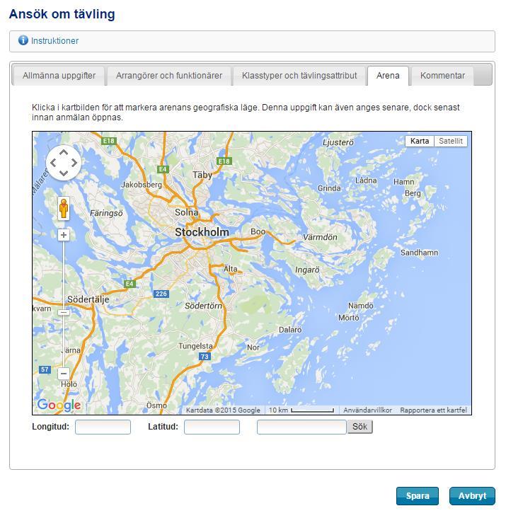 4. Arena Under fliken Arena markerar du på en karta var arenan är geografiskt belägen. Denna uppgift kan anges senare eller justeras.