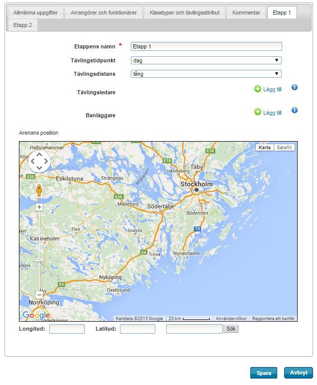 Etapper (flikar) För respektive etappflik kan du fylla i tävlingens namn (t ex Etapp 1), tävlingstidpunkt samt tävlingsdistans (jämför med tidigare avsnitt under enetappstävling).