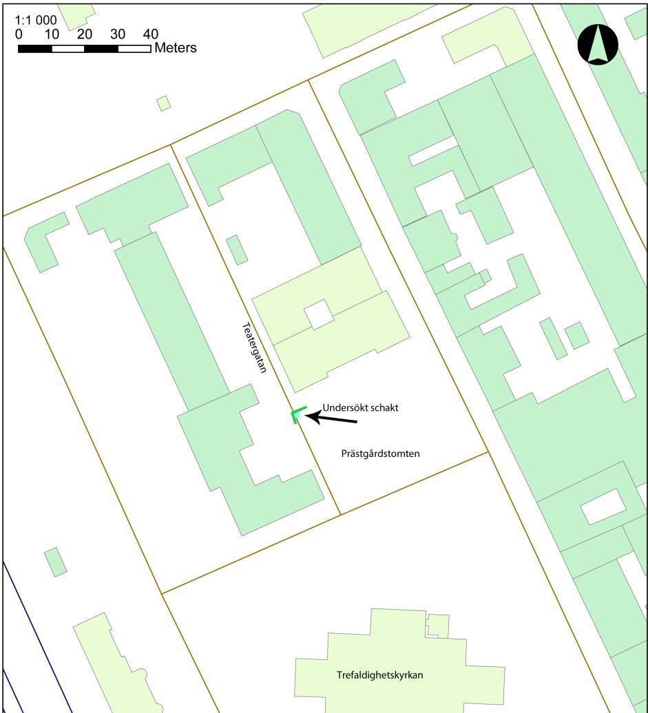 Figur 3. Utdrag ur FMIS med schaktsträckning längs Teatergatan markerad.