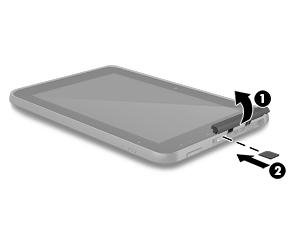 2. Sätt i micro SIM-kortet (2) i den övre kortplatsen. 3. Tryck försiktigt in kortet tills det sitter på plats.