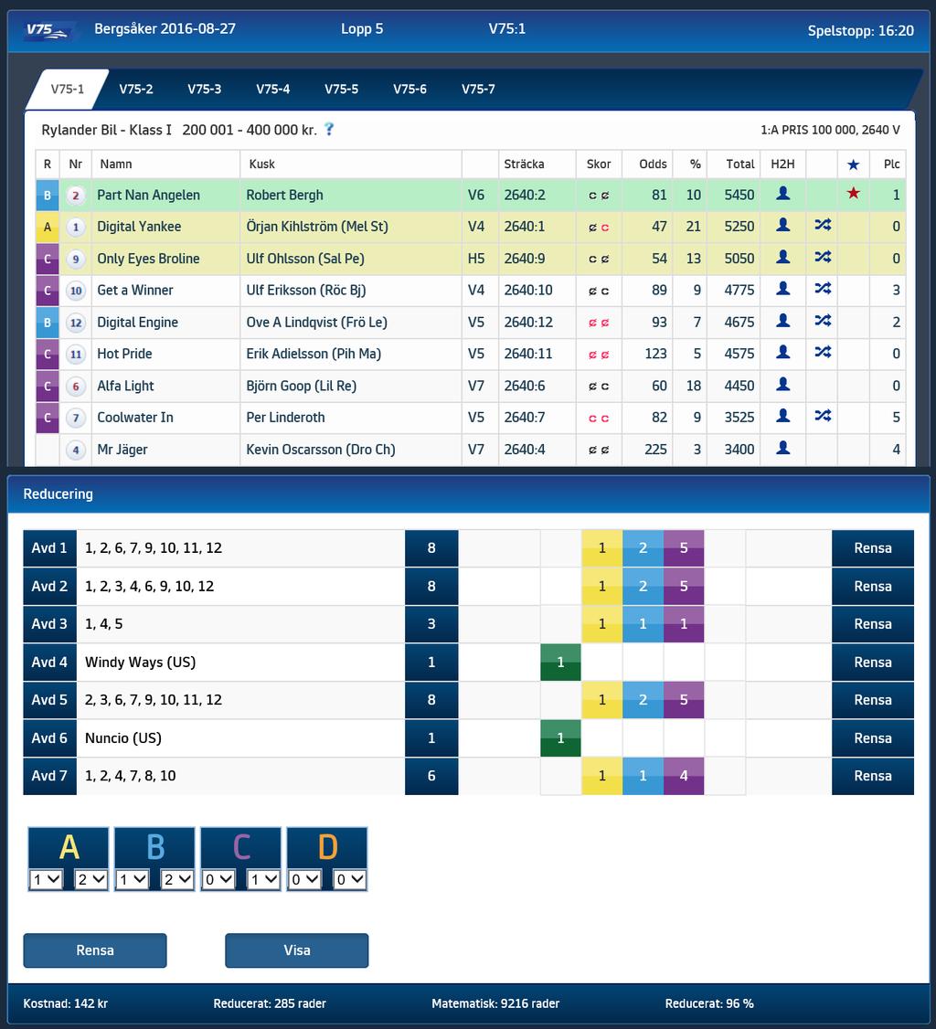Reducering i rankvyn Genom att klicka i rutan till vänster om hästens nummer i fältet R så kan du markera om du vill att hästen ska vara en Spik, A, B, C eller D-häst.