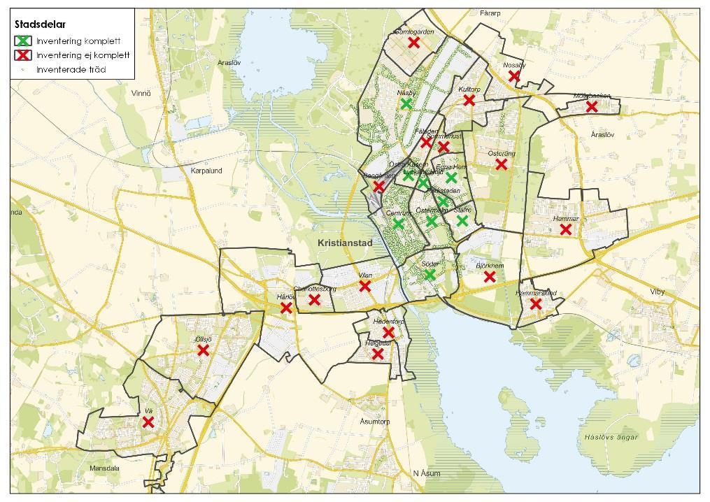 avsatta perioden inventerades 6364 stycken träd inom Kristianstads innerstad. Alla stadsdelar är inte med på grund av den begränsade tidsperioden (figur 4).