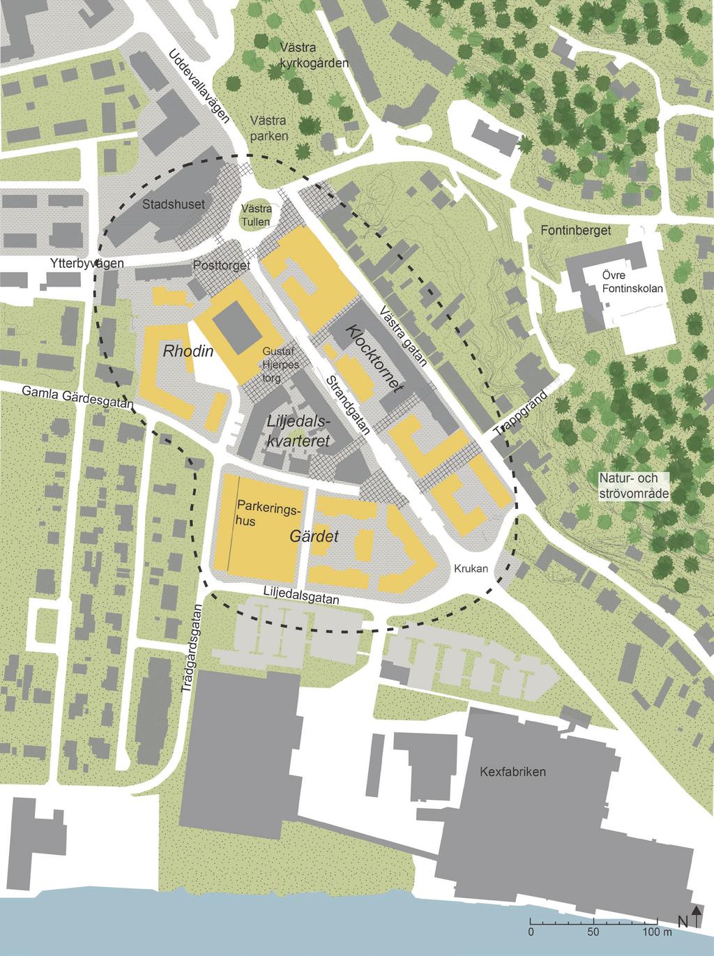 MÖJLIG UTVECKLING AV LILJEDAL Planprogramsområde Liljedal Möjlig tillkommande bebyggelse PRINCIPER FÖR UTVECKLING AV LILJEDAL Mötet med den gamla staden, uppbrutna kvarter med gröna gårdar Bredda