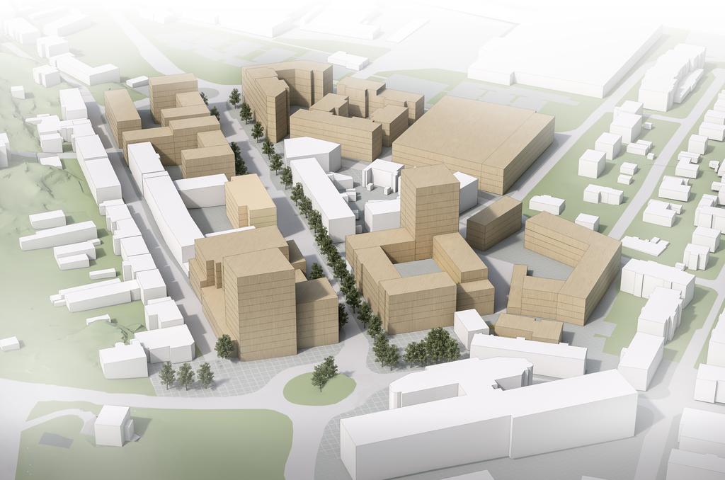 P-hus Gärdet 1:3 Strandgatan Västra gatan Rhodin 19 Klocktornet 1 Västra tullen Stadshuset Exempel på möjlig utveckling av Liljedal, sett från nordost.