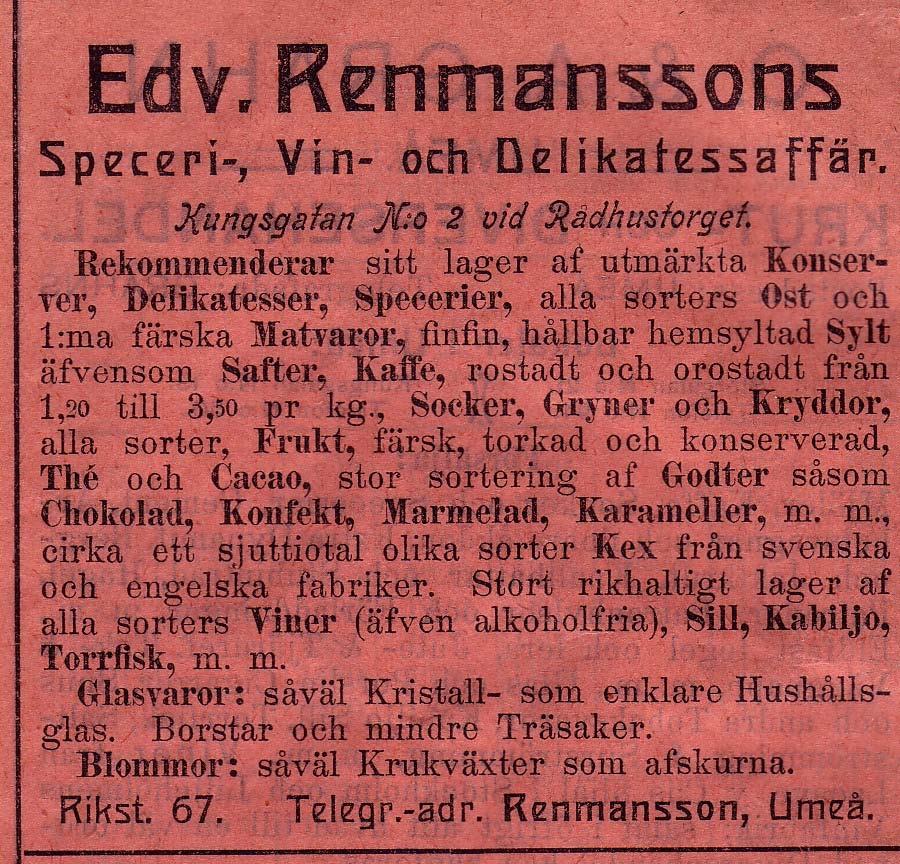67 1898 Renmanssons Speceri Vin & Delikatessaffär, Edv.