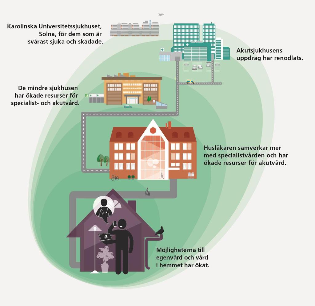 Patientens väg i vården Vård i hemmet Husläkare Närakut Mindre sjukhus;
