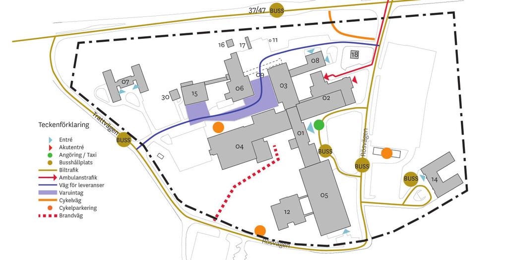 Förutsättningar N PARKERING PARKERING 2.5 Trafik och angöring Sjukhusområdet angörs i huvudsak i nordost via Rösvägen.