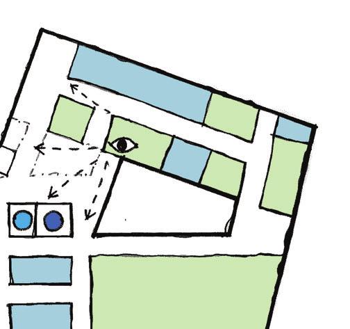 Byggnadens form utgör en vinkel som inramar sjukhusområdets entrésida.