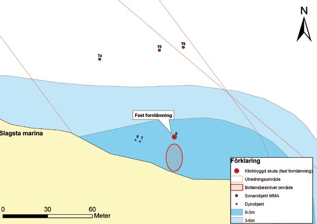 Fig. 3. Översiktskarta över platsen för skutvraket (fast fornlämning) vid Slagsta marina. Källa: Sjöfartsverket. Bearbetad av Mikael Fredholm och Jim Hansson, Sjöhistoriska museet.