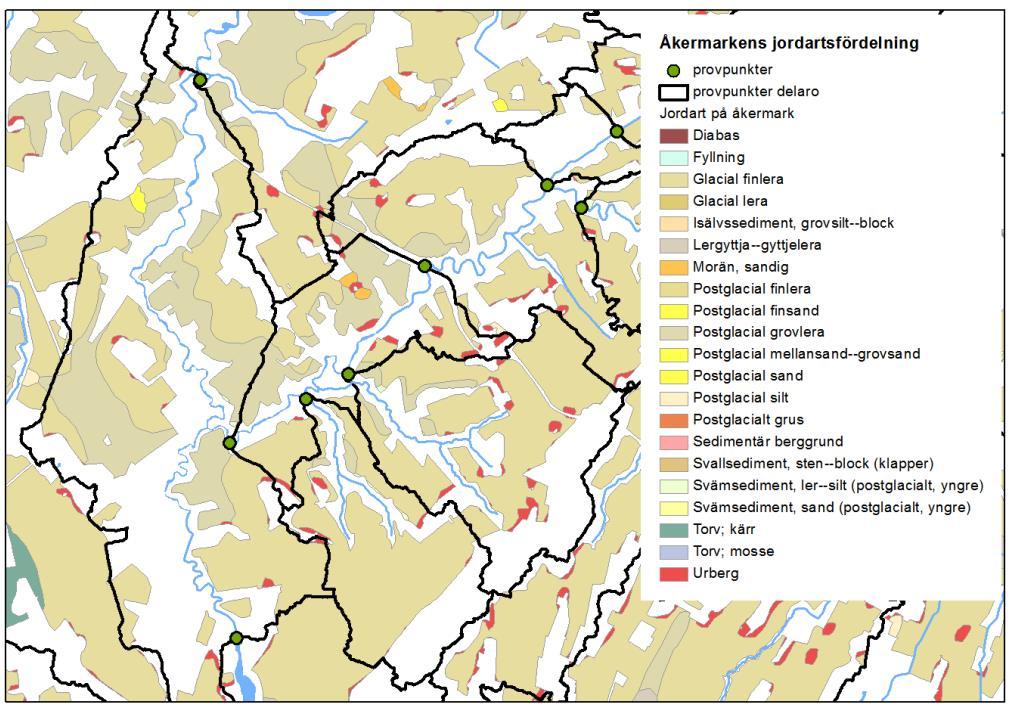 Figur 5. Exempel på åkermarkens jordartsfördelning. Dominerande är de finare jordarterna (fin-grov lera samt ler-silt i svämsediment). Urberg indikerar ett tunt jordlager, troligen bestående av lera.