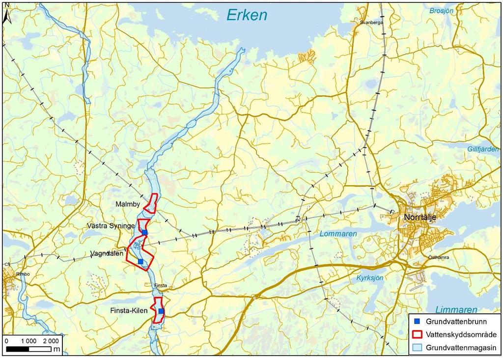 Figur 1 Grundvattentäkten Finsta-Kilens placering i Lohäradsåsen samt gränsen för yttre vattenskyddsområde. Lantmäteriet och Naturvårdsverket.