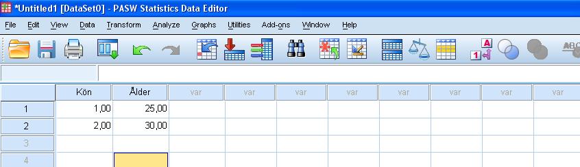 4. Lägga in data Om du vill läsa in en fil istället för att lägga in det manuellt värden, se.t.ex. 7.1 (Om att läsa in Excelfil).