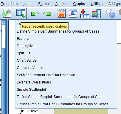 6.7 Genväg till tidigare använda menyer När man börjar jobba med SPSS kan det vara bra att gå den rätta vägen, dvs via menyerna för att lära sig hitta i programmet.