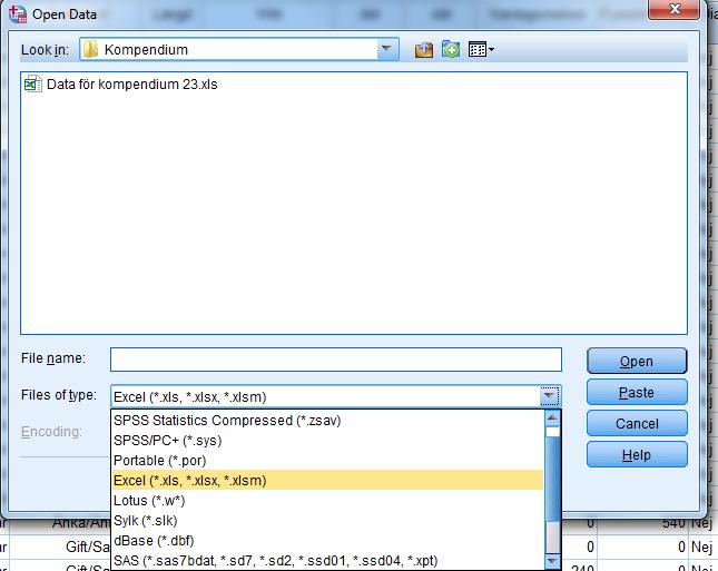 4) Som standard visas.sav, SPSS-filer. Klickar man på Files of types så anges de olika format som SPSS kan öppna. Välj Excel så visas de excelfiler som finns i mappen. och Open.