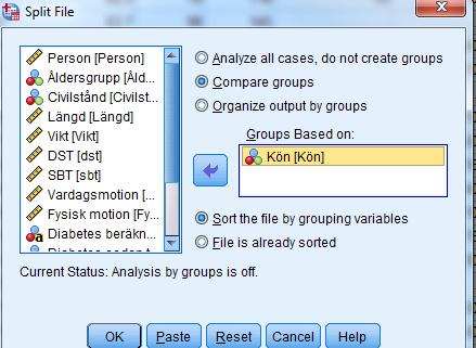 7.3 Dela upp data (för att utföra analyser uppdelade på grupper), Split File Data Split File 1) Gå till Data Split File 2) Välj Compare Groups och lägg in Kön som variabel i fönstret. a. Skillnaden mellan Compare Groups och Organize Outputs by Groups är att första alternativet visar resultaten för Kön tillsammans t.