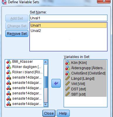 7.4 Selektera del av variabler, Variable Sets Utilities Define Variable sets Utilities Use Variable sets Har man ett stort datamaterial kan det ibland vara svårt att jobba med, speciellt om man bara