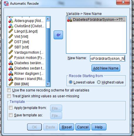 7.5.3 Göra om en kategorivariabel från text till talformat Transform Automatic recode En kategorivariabel kan både vara rent text-format och numerisk, som kön (Kvinna/Man eller 1/2 där 1=Kvinna och