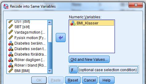 7.5.4 Ändra ordning på kategorier i en variabel Transform Recode into same variable Tillvägagångssättet för denna är lika Recode into different variable, med den skillnaden att ändringarna du gör är