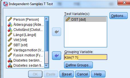 9.1 Jämförelse två oberoende grupper. Analyze Compare Means Independent Samples T Test Här vill vi testa en kontinuerlig variabel, mellan två grupper, t.ex.