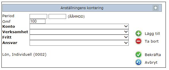 Vid val av kontering måste fritt fält alltid fyllas i, saknas det skriv: 99. Vill du inte ha en omföring, ändra inte i konteringen bakåt i tiden.