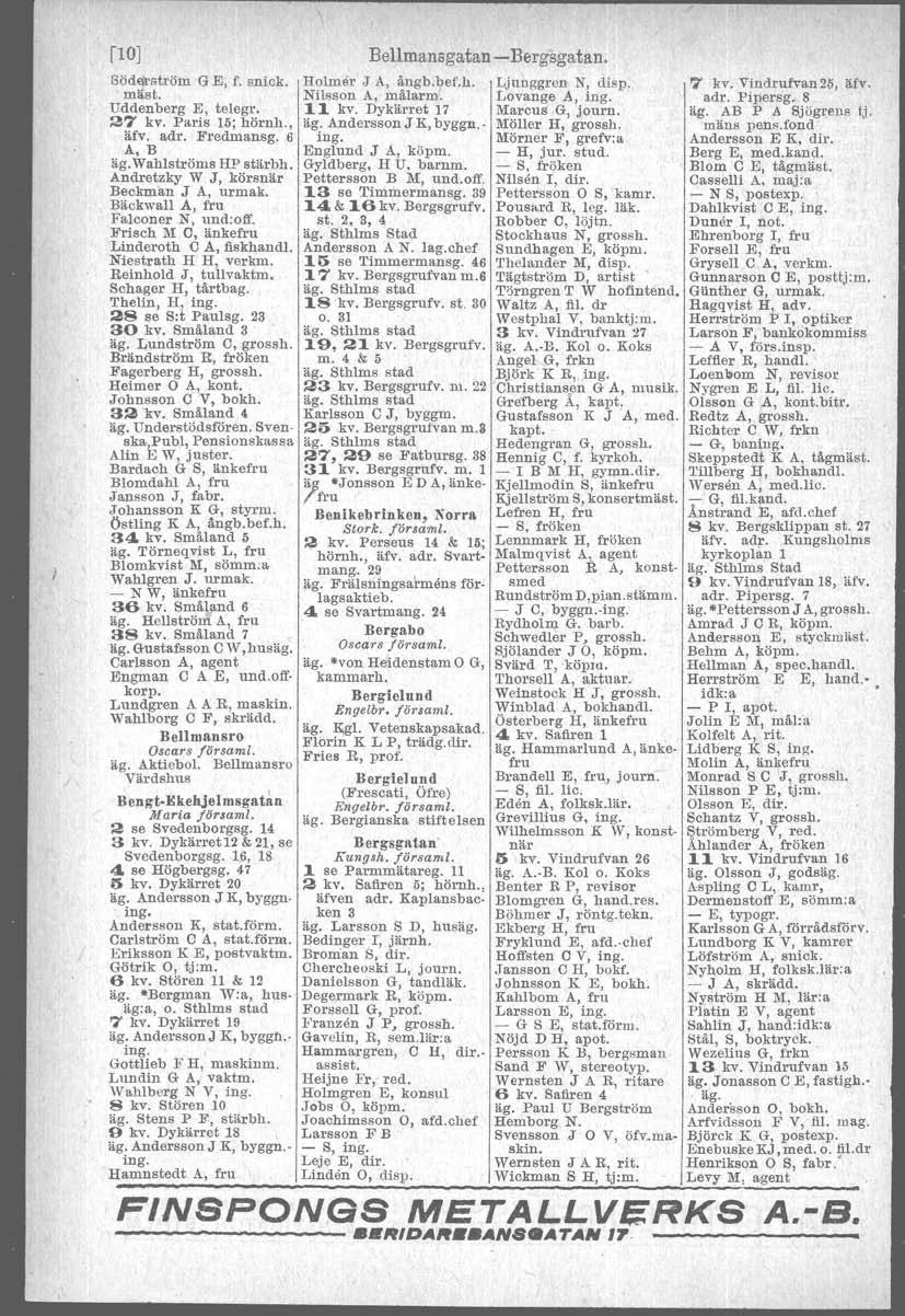 flo] Söd<jrström G E, f. snick. mäst. Udden berg E, telegr. 27 kv. Paris 15;hörnh., äfv. adr. Fredmansg. 6 A,B äg. Wahlströms HP stärbh, Andretzky W J, körsnär Beckman J A, urmak.