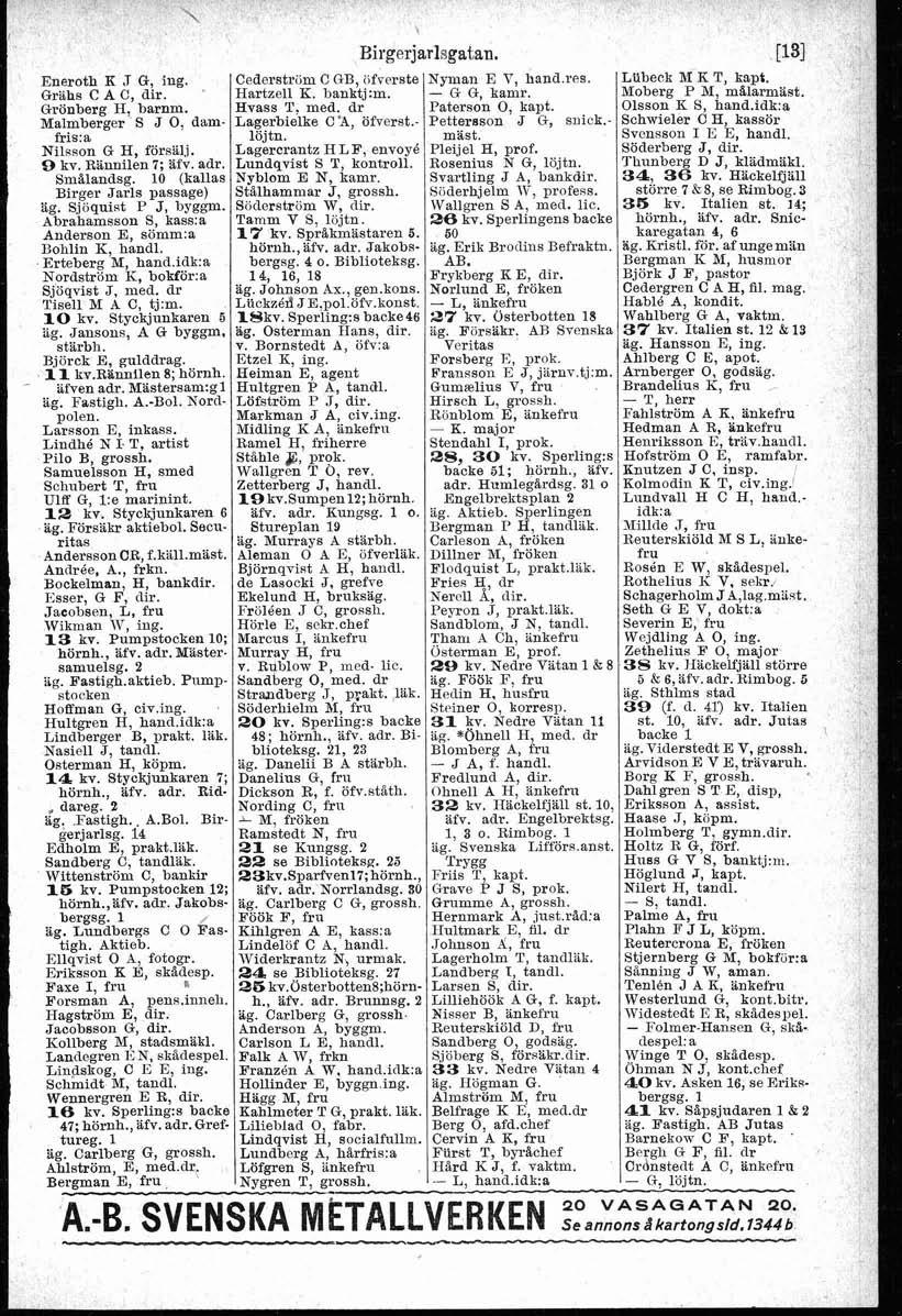 Eneroth K J G, ing. Cederström C GB, öfverste Nyman E V, hand.res. LUbeck lif K T, kapt., Grahs C A C, dir. Hartzell K. banktj:m. - G G, kamr. Moberg P M, mslarmäst. Grönberg H barnm. Hvass T. med.