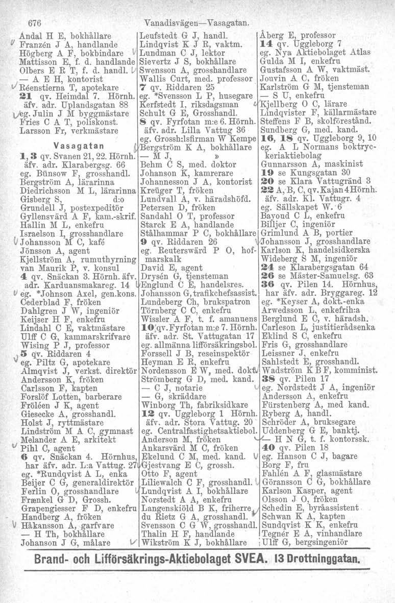 676 Vanadisvägen- Vasagatan. Andal H E, bokhållare Leufstedt G J, handl. Åberg E, professor V Franzen J A, handlande Lindqvist K J R, vaktm. 14 qv.