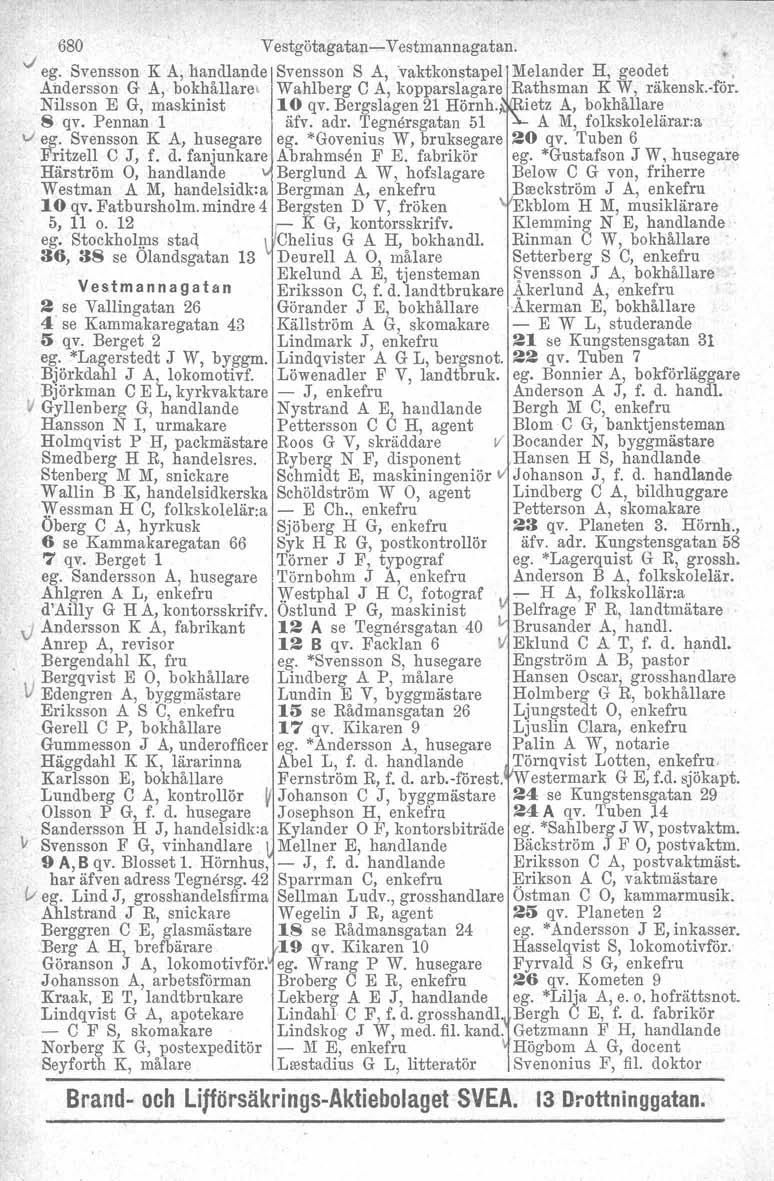 680 Vestgötagatan- Vestmannagatan....;ego Svensson K A, handlande ISvensson S A, 'vaktkonstapel Melander H, geodet. Andersson G A, bokhållares Iwahlberg C A, kopparslagare Rathsman K W, räkensk.