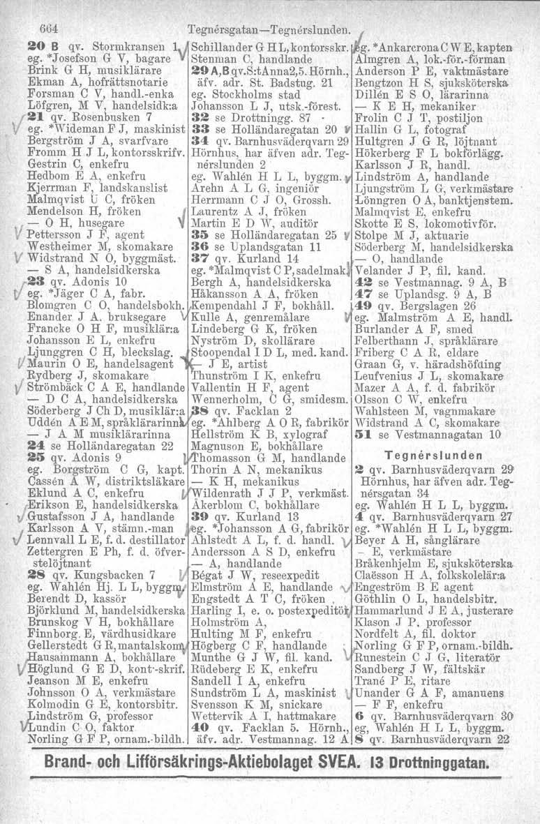 664 'I'egnersgutan-c-Tegnerslundeu. 20 B qv. Stormkransen 1 Schillander G HL, kontorsekr. g. *AnkarcronaC W E, kapten ego "Josefson G V, bagare Stenman C, handlande Almgren A, lok.-för.