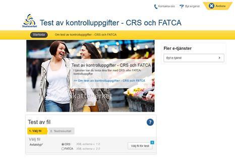3.3 E-tjänsten Test av kontrolluppgifter CRS och FATCA Skatteverket har tagit fram en e-tjänst som gör det möjligt att testa att XML-filer med CRSoch FATCA-kontrolluppgifter uppfyller Skatteverkets