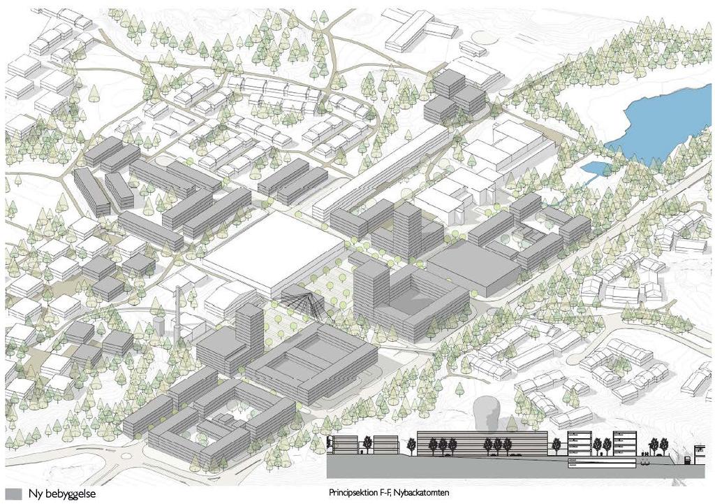 STARTPROMEMORIA 8 (13) Idéskiss till ny bebyggelse i Orminge, tagen ur Planprogram för Orminge centrum samt projektområdets preliminära avgränsning i rött.