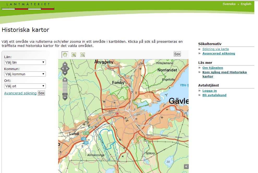 3 av 16 2 Sökning i Historiska Kartor Sökning sker antingen genom: Sökning via kartan eller Avancerad sökning. 2.1 Sökning via karta Efter inloggning visas alltid Sökning via kartan eller din egen startsida.