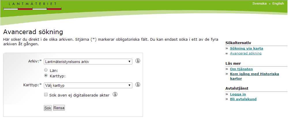 7 av 16 Ort välj i dropplisten. Årtal från och Årtal till anges för att avgränsa sökningen. Lantmätare ange namn på person som verkställt karteringen.