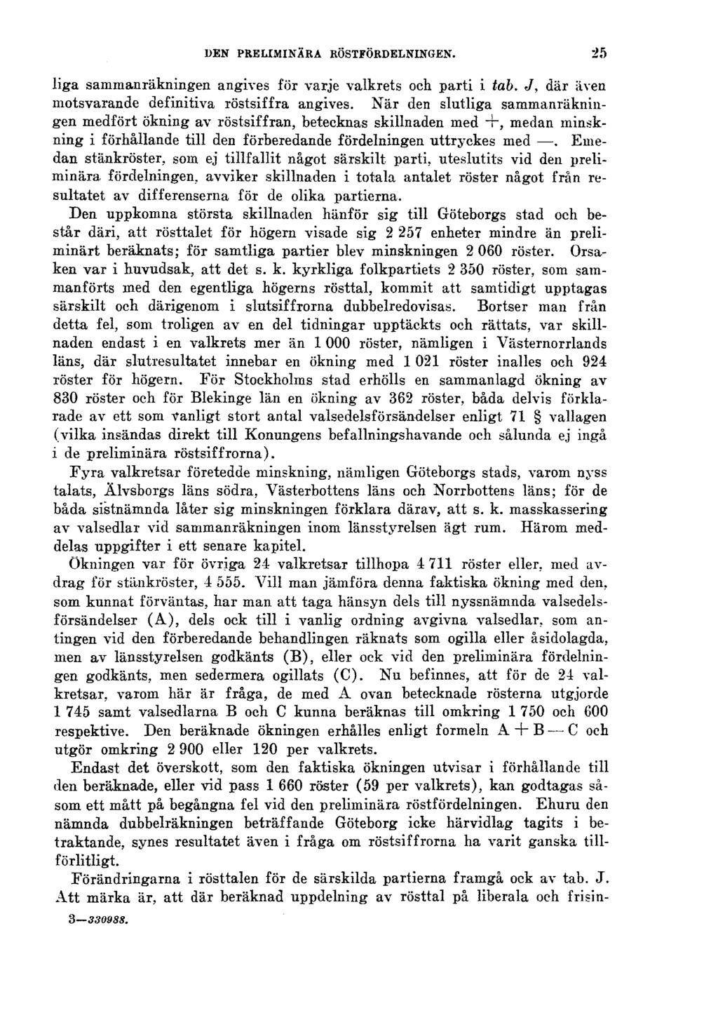 DEN PRELIMINÄRA RÖSTFÖRDELNINGEN. 25 liga sammanräkningen angives för varje valkrets och parti i tab. J, där även motsvarande definitiva röstsiffra angives.