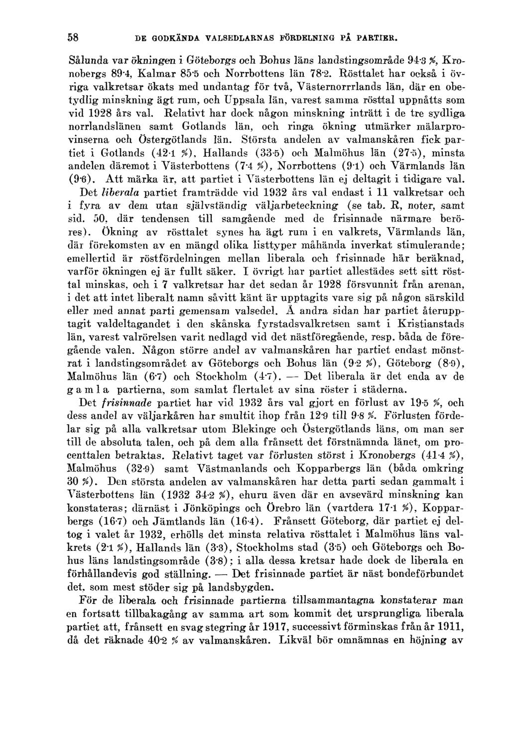 58 DE GODKÄNDA VALSEDLARNAS FÖRDELNING PÅ PARTIER. Sålunda var ökningen i Göteborgs och Bohus läns landstingsområde 94-3 %, Kronobergs 89-4, Kalmar 85-5 och Norrbottens län 78'2.
