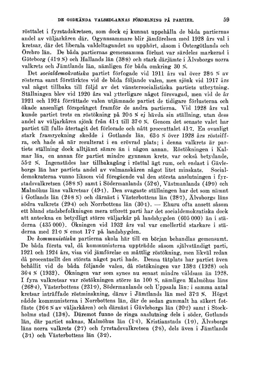 DE GODKÄNDA VALSEDLARNAS FÖRDELNING PÅ PARTIER. 59 rösttalet i fyrstadskretsen, som dock ej kunnat uppehålla de båda partiernas andel av väljarkåren där.