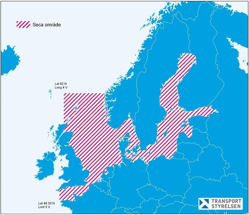 Figur 1 Det markerade området visar SECA i Nordeuropa (Transportstyrelsen, 2016) Fartyg som trafikerar SECA måste använda sig av bränslen som uppfyller SECA-kraven.