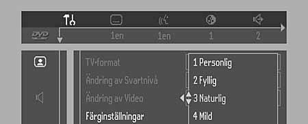 Förberedelser Smart Picture (smart bild) Färginställningar - Colour settings (finns ej för Component Video-utgången) Du kan välja mellan fem förhandsdefinierade uppsättningar av färginställningar och