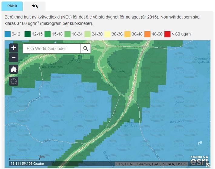 Figur 6-4 Beräknade halter av NO2 på väg 73, Vitsåvägen och Nynäsvägen. De högst beräknade halterna (På Nynäsvägen) ligger i intervallet 36-48 µg/m 3 (Datakälla SLB analys). 6.1 Skyddsåtgärder Fuchs kommer att anvisa transportörerna att välja väg 73 för transporter.