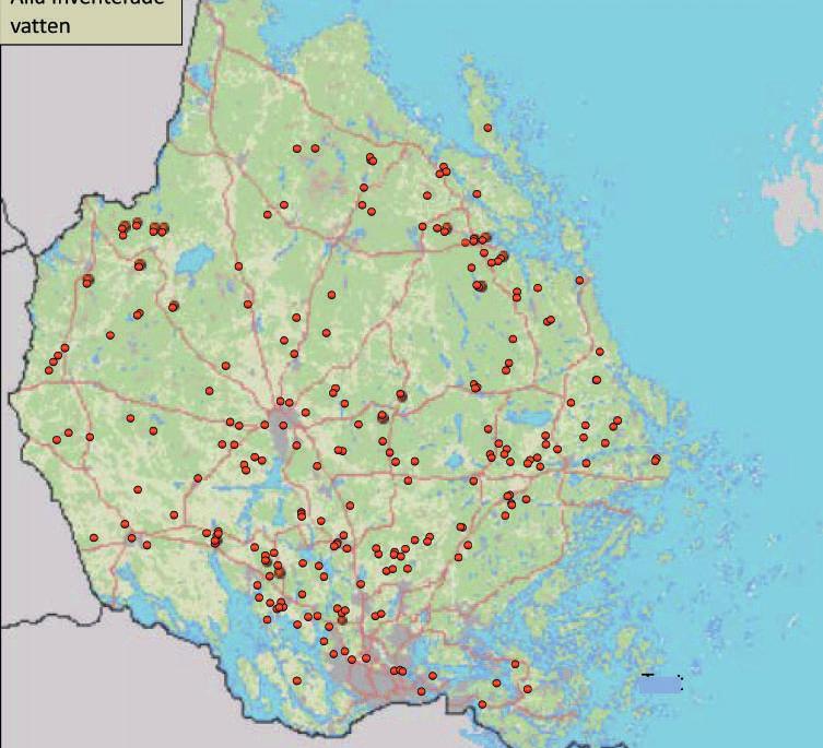 Alla inventerade vatten En kartöversikt av alla inventerade anlagda vatten i Uppland.