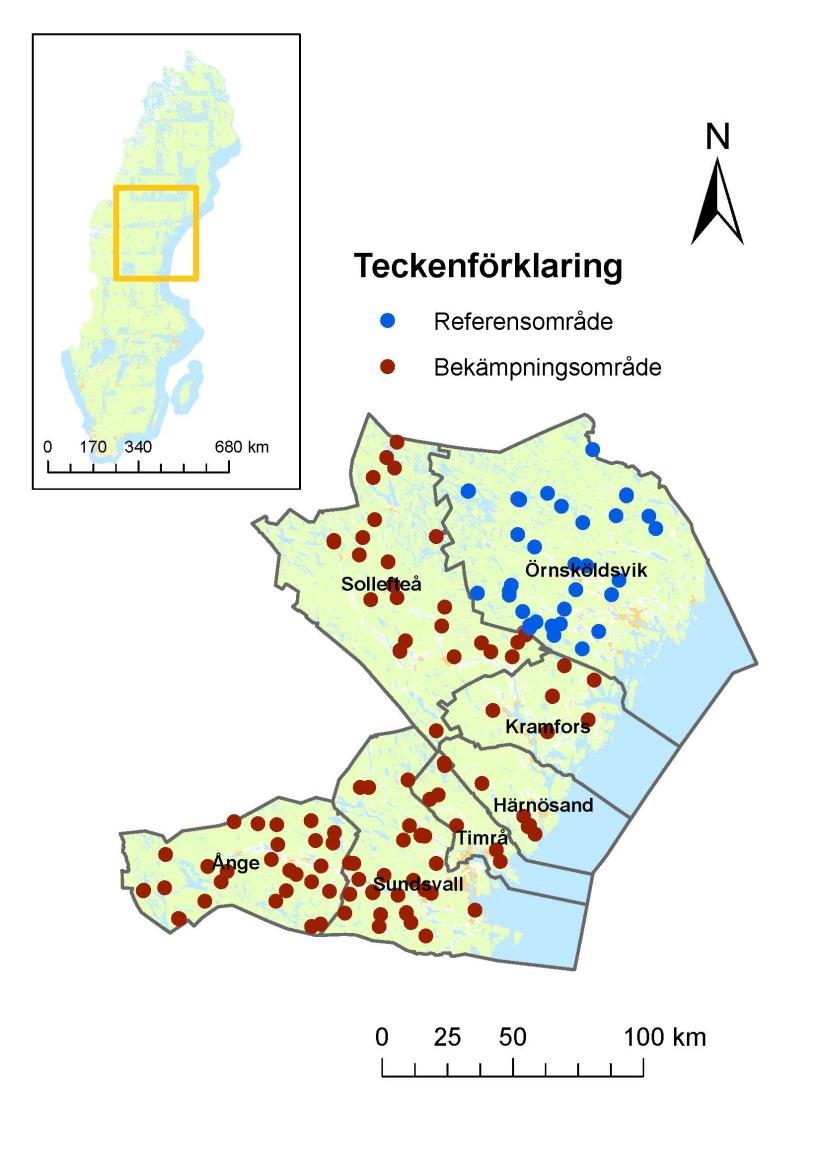 Figur 2. Karta över alla inventerade hyggen genomförda med Polytax P1 inom Västernorrlands län under avverkningssäsongerna 2008-2012, n = 142.