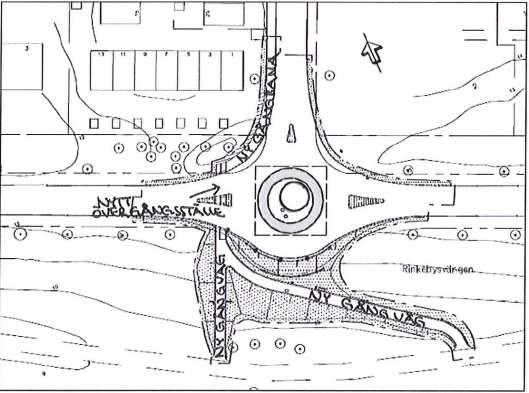 Bild 2. Illustration över föreslagen trafiksäkerhetslösning i korsningen Rinkebysvängen/Rinkebystråket.