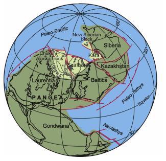 3.4.4 Pangea Efter Gondwanas upplösning (ca 300Ma) bildades den senaste superkontinenten Pangea (Figur 5) där dagens kontinenter hade i princip de utseenden de har idag, dock inte i dagens