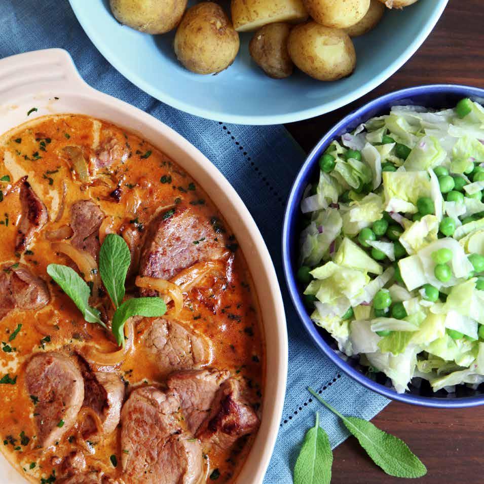SALVIAKRYDDAD FLÄSKYTTERFILÉ i gräddsås med potatis port.